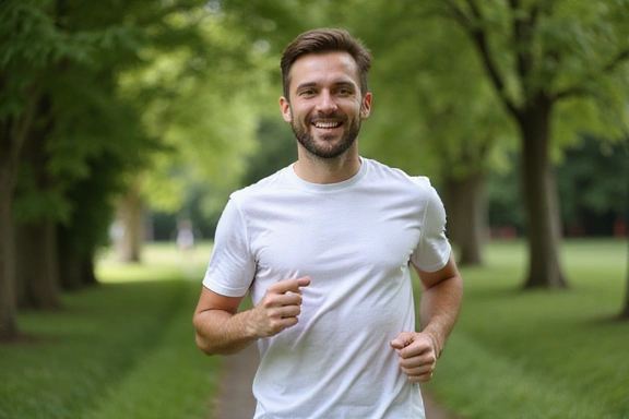Hombre feliz corriendo al aire libre en un parque, con un estilo de vida activo y saludable.