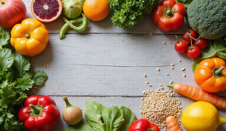 Mesa con alimentos frescos y saludables como frutas, verduras y granos enteros, simbolizando una dieta equilibrada y el blog de NutriVida MX.