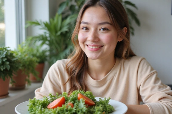 Mujer joven sonriendo mientras come una ensalada fresca y colorida, mostrando hábitos alimenticios saludables.