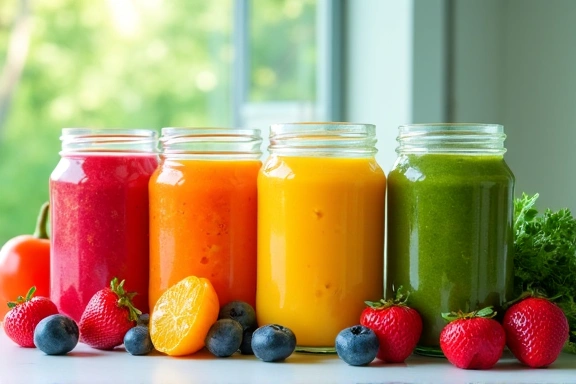Variedad de batidos de frutas y verduras de colores vibrantes, representando opciones de desayuno saludables y energéticos.