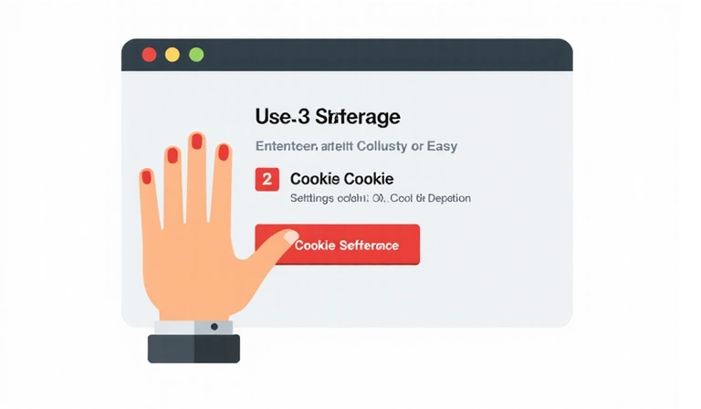 Ilustración de una mano haciendo clic en un botón de configuración de cookies en una pantalla de navegador, simbolizando la gestión de preferencias de usuario.