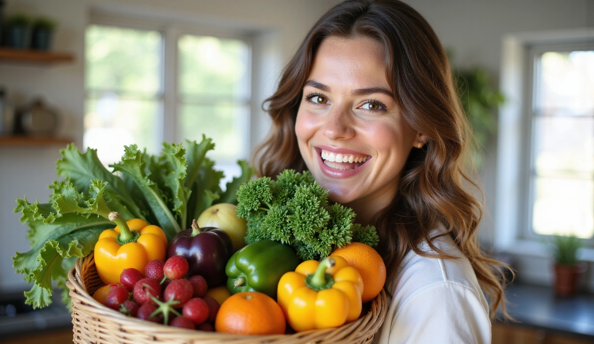Mujer sonriendo mientras sostiene una cesta de verduras frescas y saludables.