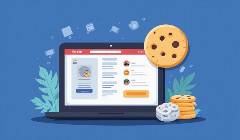 Ilustración de cookies de internet, con pequeños archivos de datos y un icono de galleta