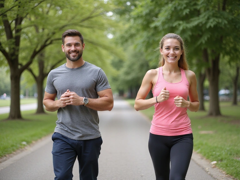 Hombre y mujer haciendo ejercicio al aire libre con una sonrisa, representando bienestar y transformación.