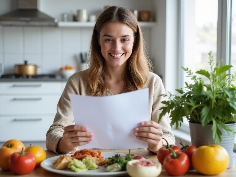 Mujer sonriente revisando un plan de alimentación saludable con frutas y verduras.