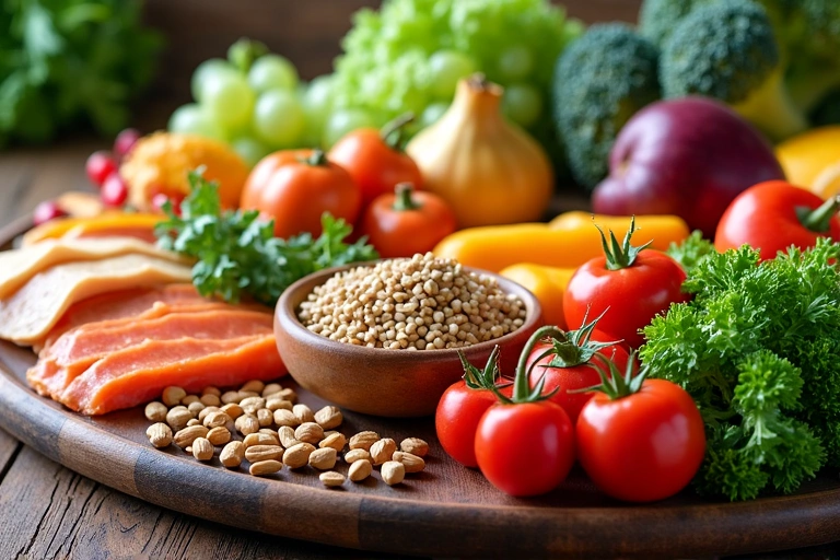 Variedad de alimentos frescos y saludables en una mesa de madera, representando una dieta equilibrada